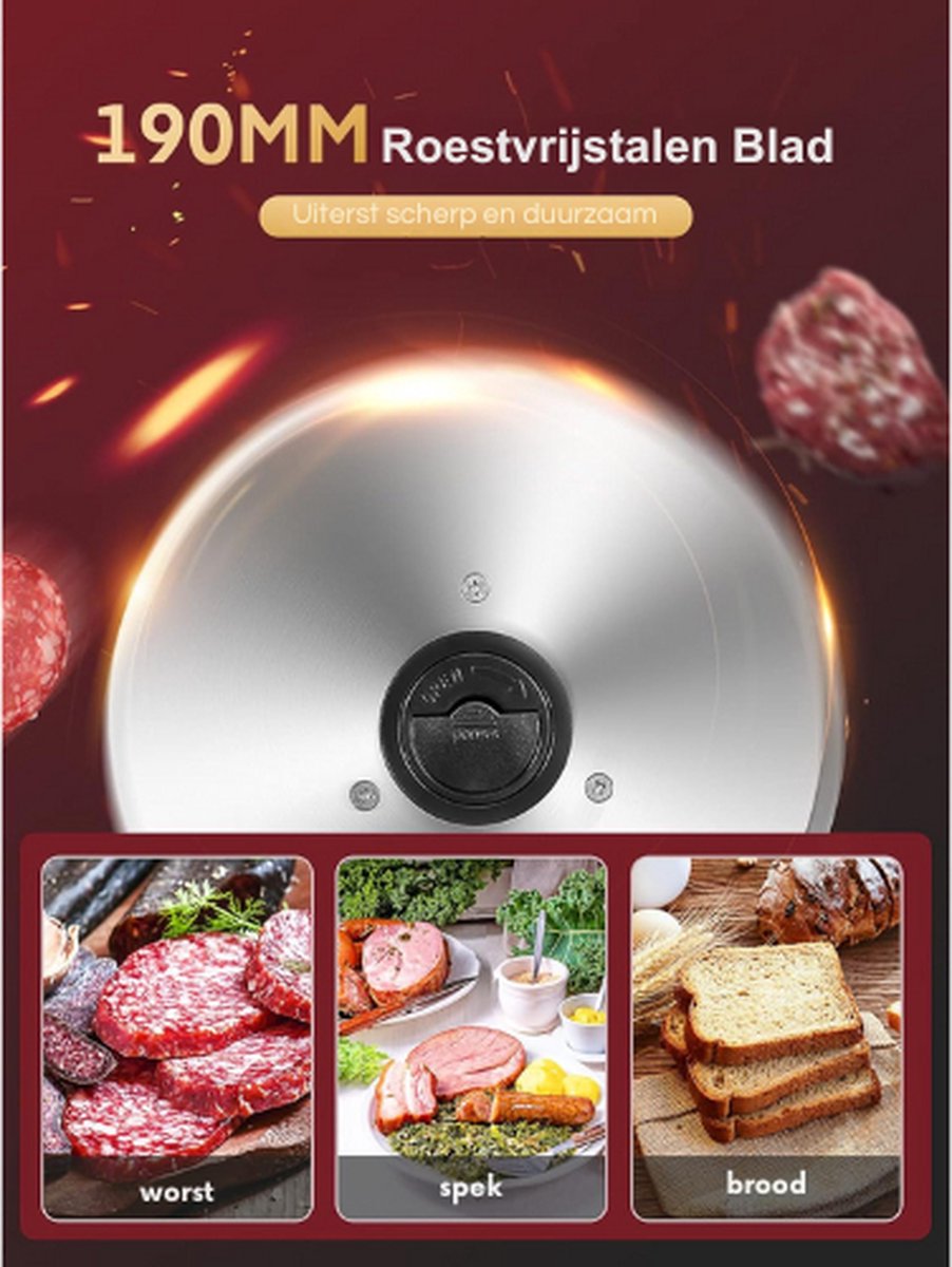 YASHE Elektrische allessnijder met stille DC-motor, 200 W, dubbele roestvrijstalen messen van 19 cm, instelbare snijdikte, ideaal voor vlees, kaas, brood en groenten