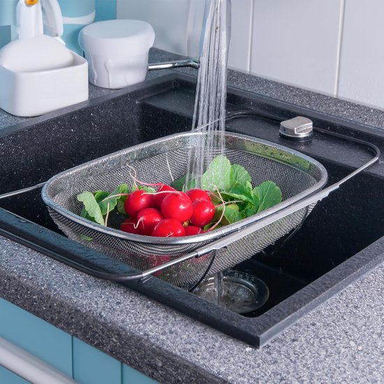 Zeef van roestvrij staal, grote metalen zeef voor de keuken, zeef, fijnmazige zeef voor het wassen van groenten, fruit, bonen en pasta (enkele mesh-zeef