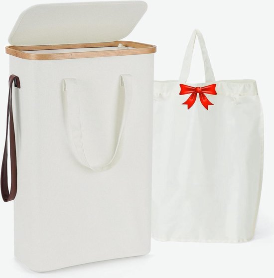 Smalle Wasmand met Deksel 45L, Opvouwbare Wasmand voor Vuile Was met Draaggreep, Waterafstotend, Ruimtebesparende Wasbox voor Badkamer, Slaapkamer en Wasruimte (Gray
