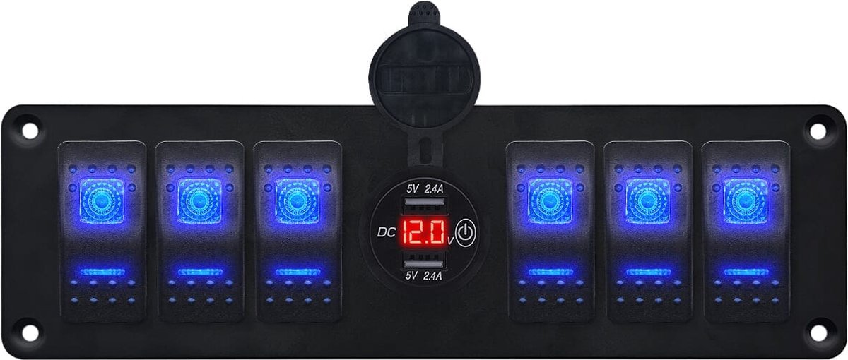 ProRide Schakelpaneel 12V voor Auto/Boot - USB Stopcontact 2 Poorten met Schakelaar/Voltmeter - 5V/2.4A - 6 schakelaars - Rood