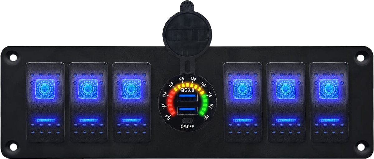 ProRide Schakelpaneel 12V voor Auto/Boot - USB Stopcontact 2 Poorten met Schakelaar/Voltmeter - QC3.0 - 6 schakelaars
