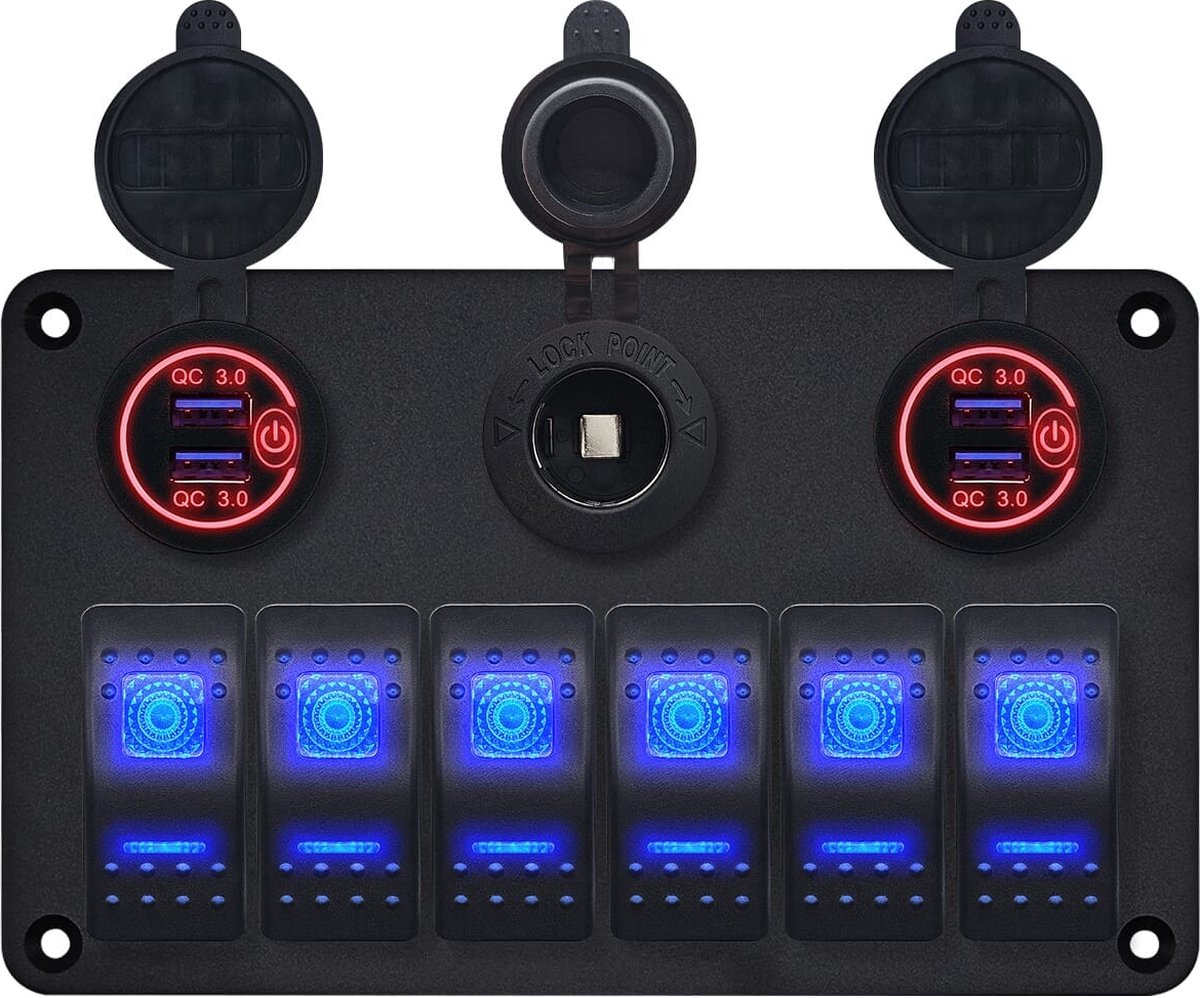ProRide Schakelpaneel 12V voor Auto/Boot - 4 USB Poorten met Schakelaar - QC3.0 - PUSB1QC-R - 6 schakelaars + 12V/24V stopcontact