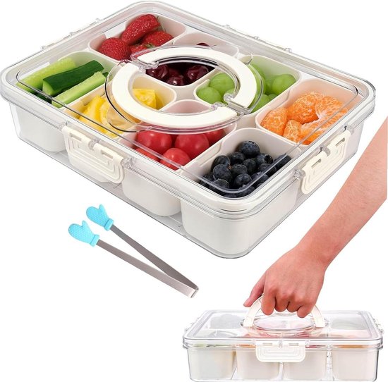 Foto: Verdeeld dienblad met deksel en handvat snackbak met deksel snackbox charcuterie container draagbare snackschaal organizer voor picknick reizen snack fruit snoep