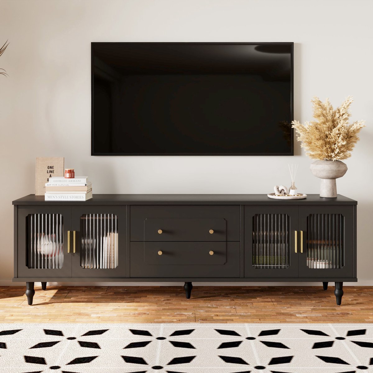 Sweiko TV kast, Retro stijl, TV meubelkast, Gouden handvatten, Voldoende opbergruimte. Met glazen deuren en massief houten poten, Zwart