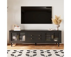 Sweiko TV kast, Retro stijl, TV meubelkast, Gouden handvatten, Voldoende opbergruimte. Met glazen deuren en massief houten poten, Zwart