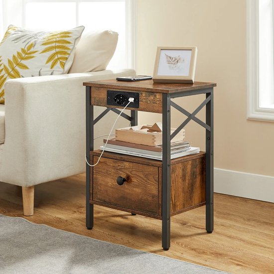 YITAHOME Bijzettafel, nachtkastje met kast, X-vormige salontafel met laadstation, 2 USB-poorten en stopcontacten, nachtkastje voor woonkamer, metalen frame, slaapkamer, metalen frame, grijs