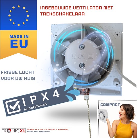 Moonjor 100mm afvoerventilator keuken, grillluchtverfrisser badkamerventilator extractorventilator met gaas, knopschakelaar, terugslagklep, 1m EU-stekkerkabel voor badkamer toilet
