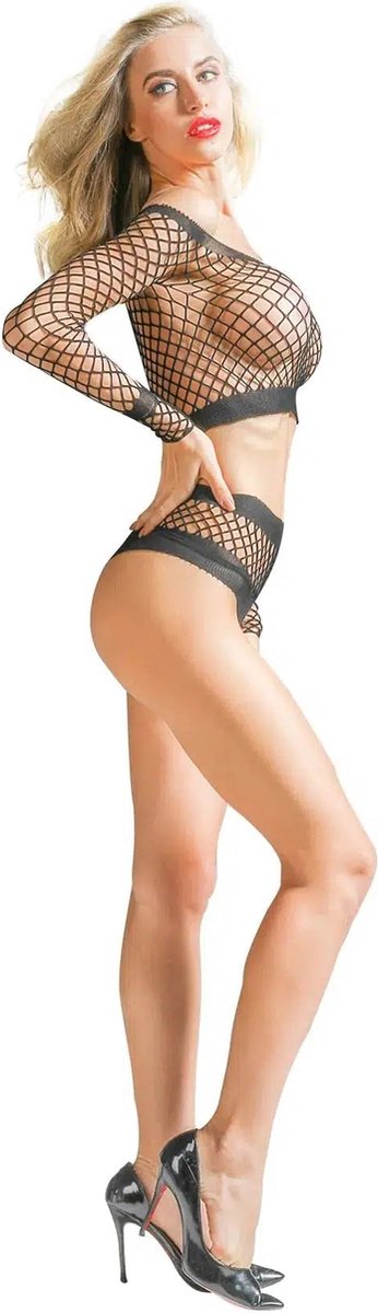 Goedkoopste Cindylove - Visnet Topje en Broekje - Grote Gaten - One Size - Zwart
