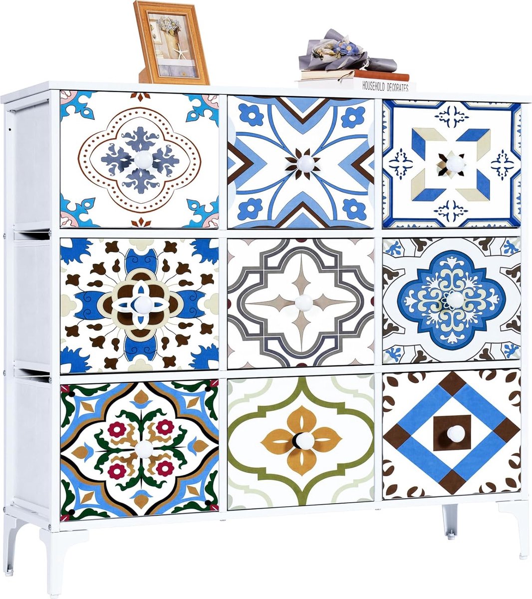 Bol.com Commode met 9 laden van stof, dressoir met stoffen laden, ladekast, opbergmeubel voor keuken, kantoor, hal, tv-kast met ... aanbieding