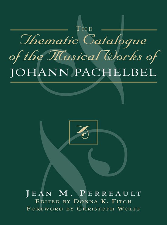 Het thematisch catalogus van de muzikale werken van Johann Pachelbel, door Jean M. Perreault. Groene omslag met gouden tekst.