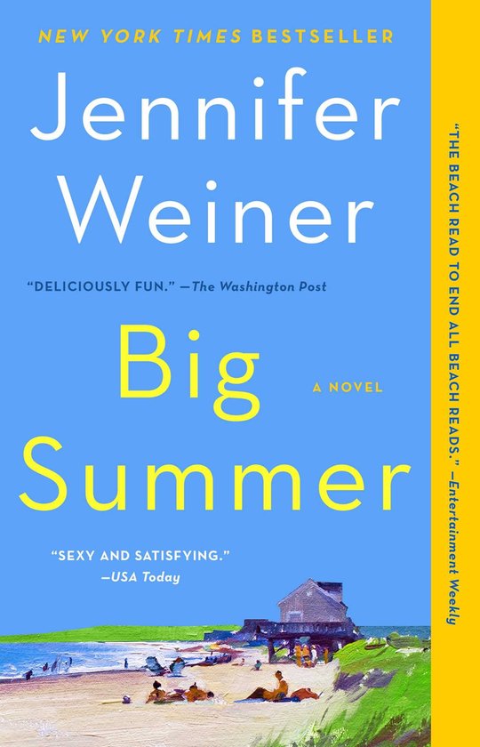 Boekcover van 'Big Summer' van Jennifer Weiner. Blauwe achtergrond met de titel in gele letters. Onder de titel een afbeelding van een strand met badgasten en een strandhuisje.
