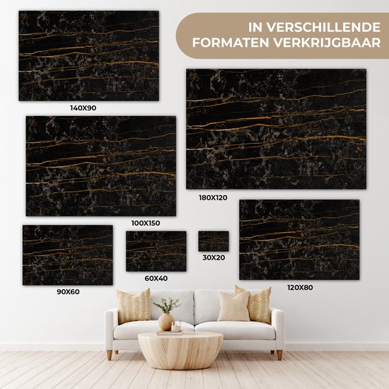 Canvas schilderij 150x100 cm - Wanddecoratie Marmer - Zwart - Goud - Ader - Muurdecoratie woonkamer - Slaapkamer decoratie - Kamer accessoires - Schilderijen op canvas