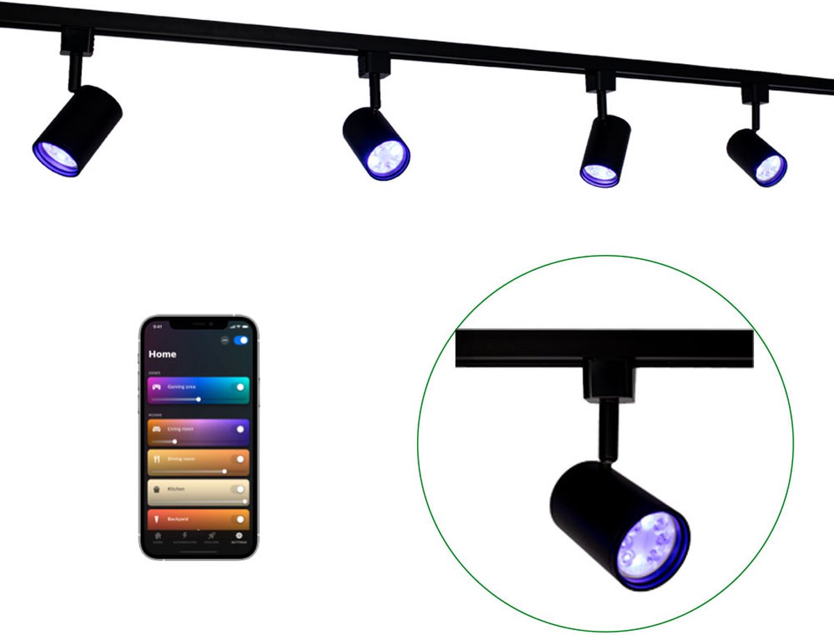 Smart Railsysteem 1-fase | HUE compatible | Zwart | 2 Meter | Incl. 4x smart GU10 spots