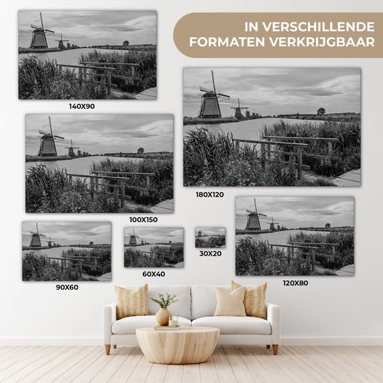 Photo Zwart et blanc des moulins à vent de Kinderdijk aux Nederland Toile 180x120 cm - Tirage photo sur toile (Décoration murale salon / chambre) XXL / Groot format!