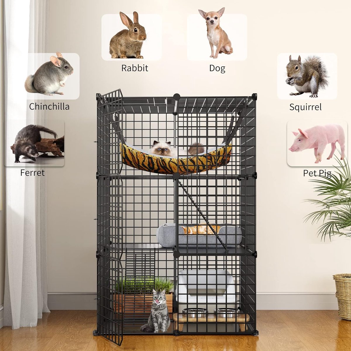 YITAHOME Kattenkooi met 4 verdiepingen, grote kattenren met hangmat, afneembare metalen draadkooi, kennel voor kleine dieren binnen, omheining voor 1-4 katten, doe-het-zelf box voor huisdierkooien