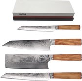 Sumisu Knives - Japanse messenset 4-delig incl. slijpsteen - Wood collection - 100% damascus staal - Chefkok messenset - Geleverd in luxe geschenkdoos