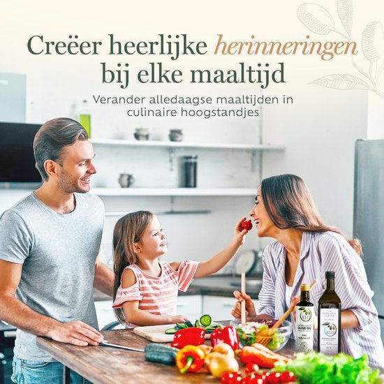 Familie in de keuken, moeder geeft dochter een tomaat. Twee flessen ELEO Olijfolie op de tafel.