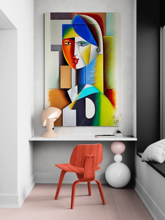 JJ-Art (Glas) 120x80 | Femme cubisme abstrait dans le style Picasso - art - salon - chambre | bleu, marron, rouge, jaune, vert, moderne | Foto-schilderij-glasschilderij-acrylglas-acrylaat-wanddecoratie | CHOISISSEZ VOTRE TAILLE