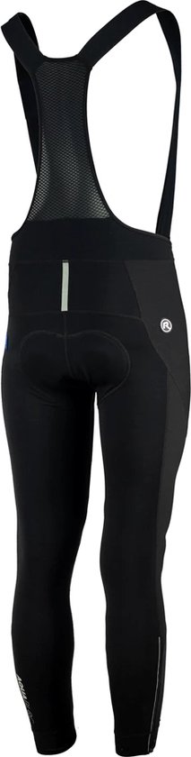 Achterkant van een zwarte fietsbroek met bretels, mesh rugpand en reflecterende details.