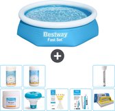 Bestway Rond Opblaasbaar Fast Set Zwembad - 244 x 61 cm - Blauw - Inclusief Chloor - Chloordrijver - Testrips - Reparatiesetje - Scrubborstel - PH-min - PH-plus - Thermometer