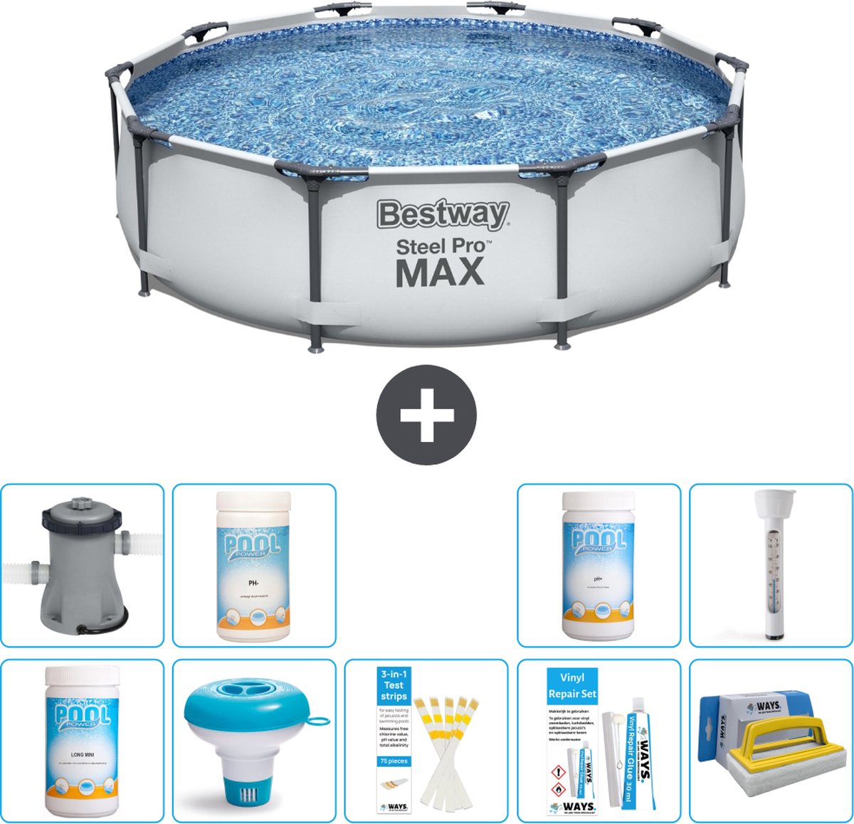 Bestway Rond Steel Pro MAX Zwembad – 305 x 76 cm – Grijs – Inclusief Pomp Chloor – Chloordrijver – Testrips – Reparatiesetje – Scrubborstel – PH-min – PH-plus – Thermometer
