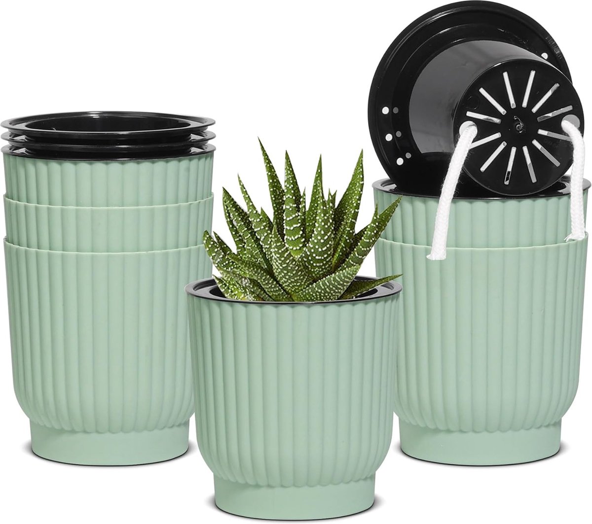 Kunststof bloempot met irrigatiesysteem kleine bloempot voor binnen en buiten voor orchideepot kruidenpot hydrocultuurpot plantenpot met zelfwaterende bloempot groen set van 6