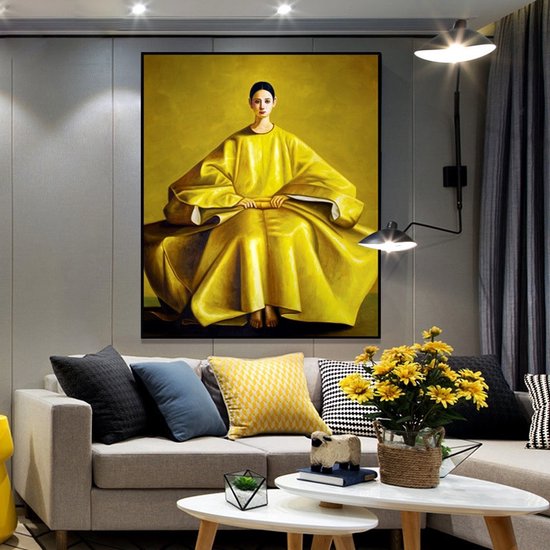 Fine Asianliving Oil Painting 100% Handpainted Black Frame 120x120cm Chinese Woman Yellow