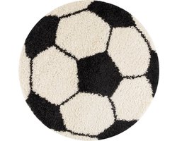 Fun Voetbal Kinderkamer Rond Vloerkleed Hoogpolig Zwart Wit- 120 CM Ø
