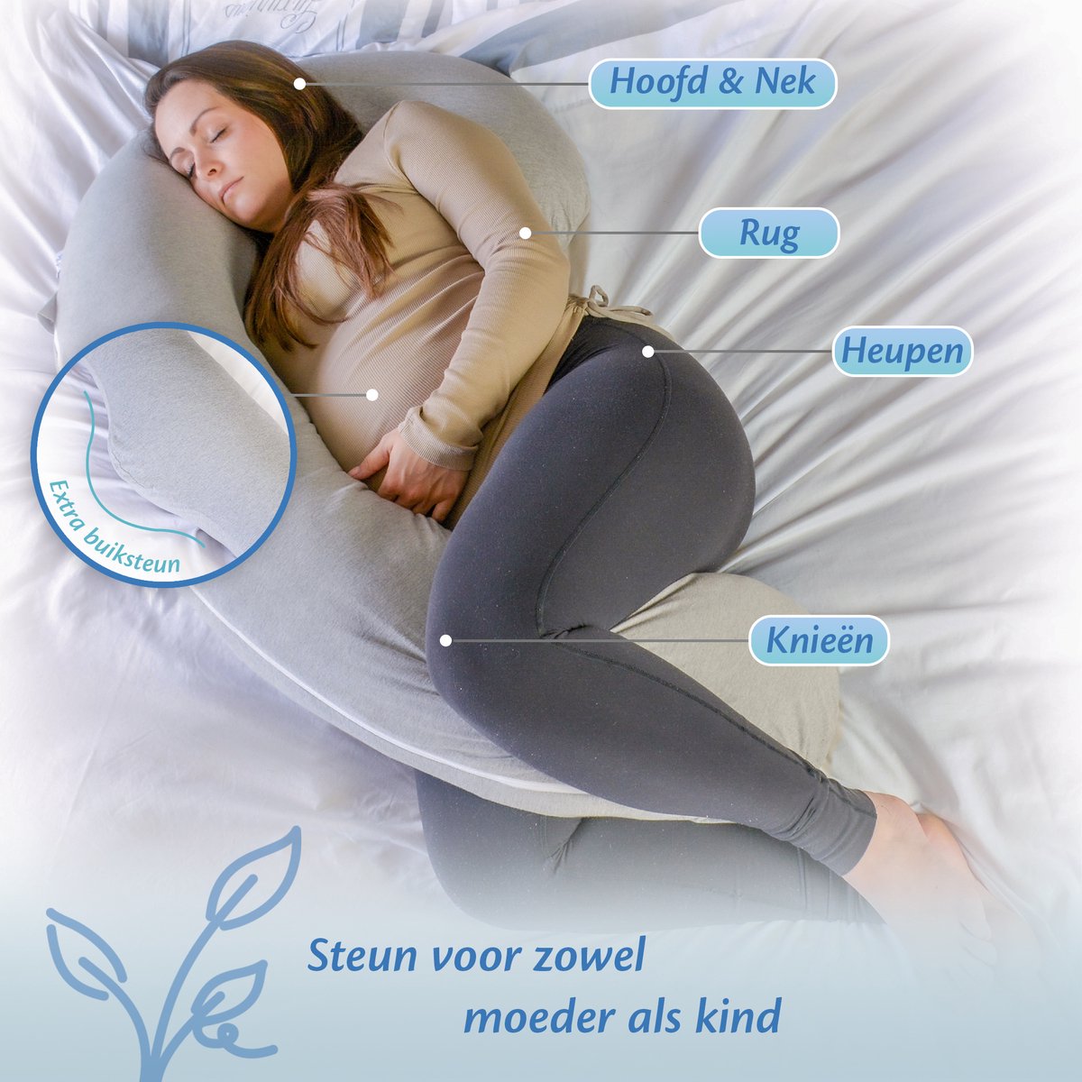 Ella J-Vorm Zwangerschapskussen XXL - Katoen Zijslaapkussen - Lichaamskussen - Voedingskussen - Body Pillow 155cm - Afneembare Hoes – foto 2