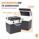 Twee blauwgrijze koelboxen, één met deksel open en een close-up van de opbergruimte voor de snoeren.