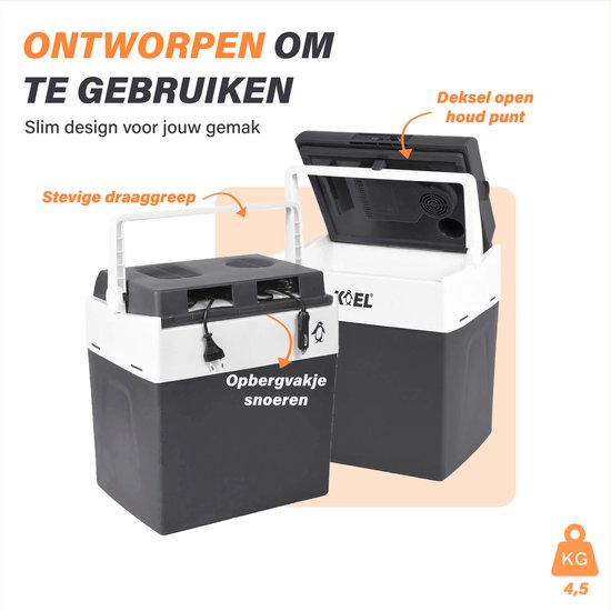Twee blauwgrijze koelboxen, één met deksel open en een close-up van de opbergruimte voor de snoeren.