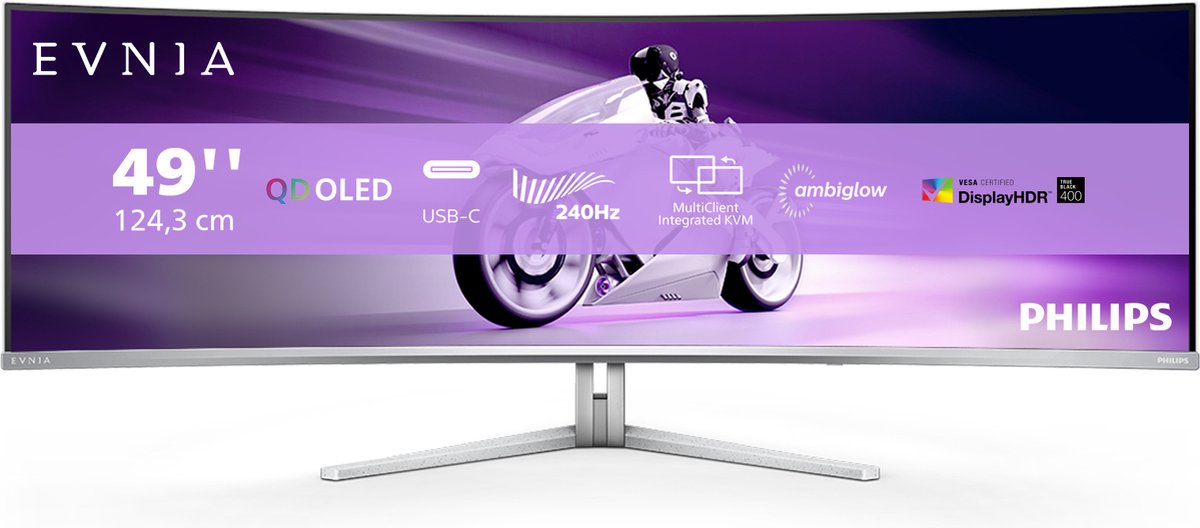 Philips Evnia 49M2C8900 QD OLED 48.9" Curved UltraWide gaming monitor Wit, 2x HDMI, 1x DisplayPort, USB-A 3.2, USB-C 3.2, 240Hz
