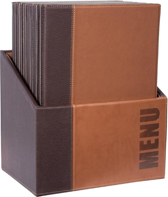 Bruine menubox met een donkerbruin reptielenhuidpatroon en bruine menukaarten met het woord 'MENU'.