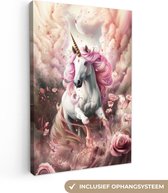 Canvas schilderij 80x120 cm - Wanddecoratie Eenhoorn - Meisje - Roze - Bloemen - Sprookje - Muurdecoratie tienerkamer - Kamer decoratie voor tieners - Tiener jeugdkamer accessoires - Slaapkamer schilderijen