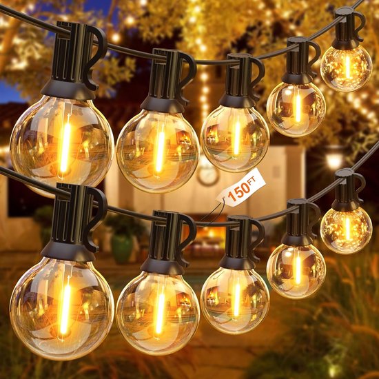Outdoor String Lights 45.7Meters Light Chain with 75+2 Plastic Lamps Waterproof Garden Lights For Christmas Wedding Party Warm White