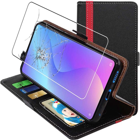 ebestStar - Coque compatible avec Xiaomi Mi 9T, Mi 9T Pro, Etui Portefeuille, Housse Pochette Protection PU Cuir, Porte Carte, Noir / Rouge + Verre Trempé