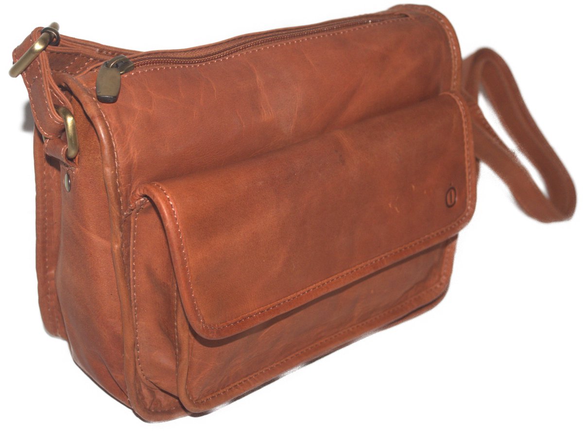 Oi cognackleurige vintage lederen schoudertas Jasmijn / damestas met vak voor telefoon in vintage leer / damestas ook cross te dragen / oranjeachtig leer / 554Orange NR