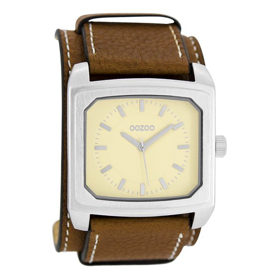 OOZOO Timepieces - Zilverkleurige horloge met cognac leren band - C5211