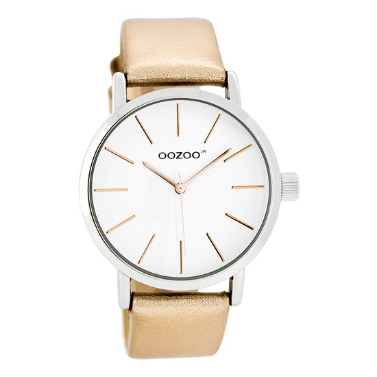 OOZOO Timepieces - Zilverkleurige horloge met rosé goudkleurige leren band - JR277