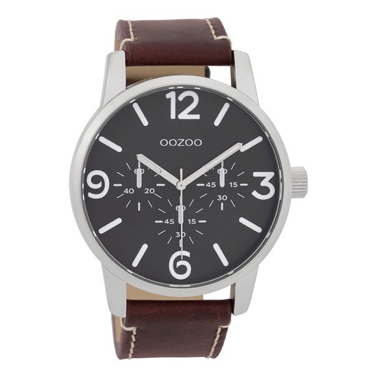 OOZOO Timepieces - Zilverkleurige horloge met roodbruine leren band - C9652