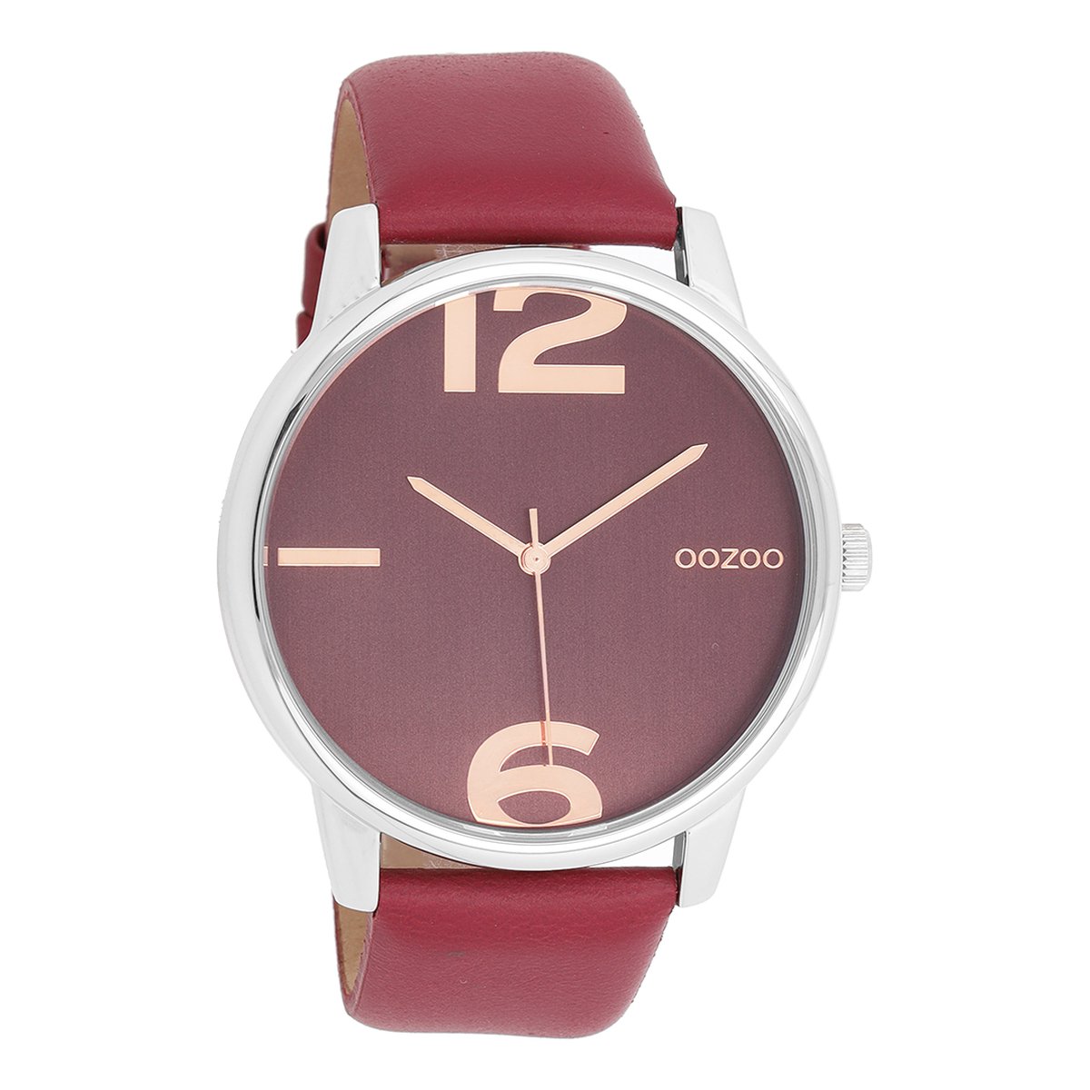 OOZOO Timepieces - Zilverkleurige horloge met bordeaux rode leren band - C10373