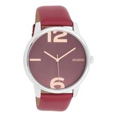 OOZOO Timepieces - Zilverkleurige horloge met bordeaux rode leren band - C10373