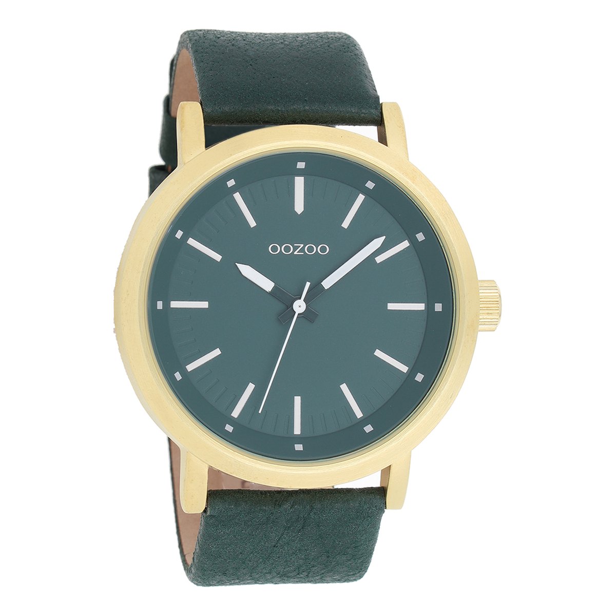 OOZOO Timepieces - Goudkleurige horloge met donker groene leren band - C8252