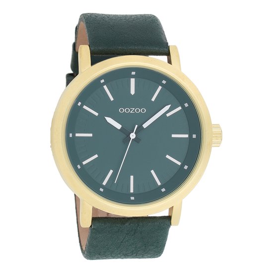 OOZOO Timepieces - Goudkleurige horloge met donker groene leren band - C8252
