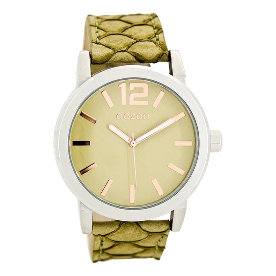 OOZOO Timepieces - Zilverkleurige horloge met zand/licht groene leren band - C7995