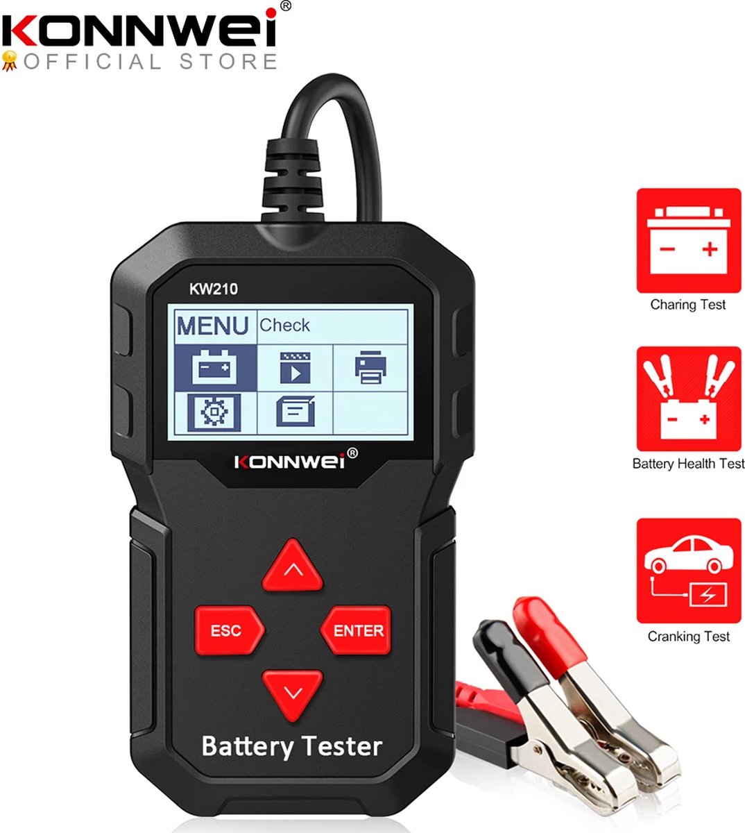 KONNWEI KW210 Autoaccu-analyzer voor alle 12V-auto's - Professionele Auto & Motor Batterijtester - Accu tester 12V - Batterijconditie / Weerstand - Nederlandstalig