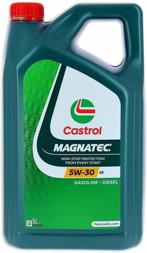 Groene Castrol Magnatec 5W-30 A5 5 liter motorolie jerrycan met rode dop. Witte en groene label met logo.