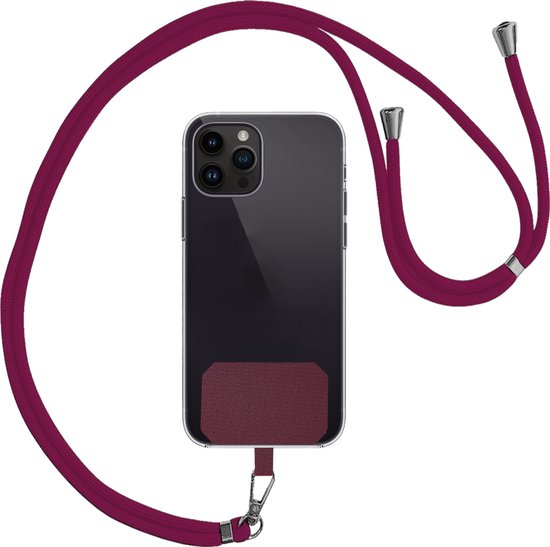 Longe de téléphone rouge foncé avec coque de téléphone et boucle de fixation, posée sur un fond blanc.