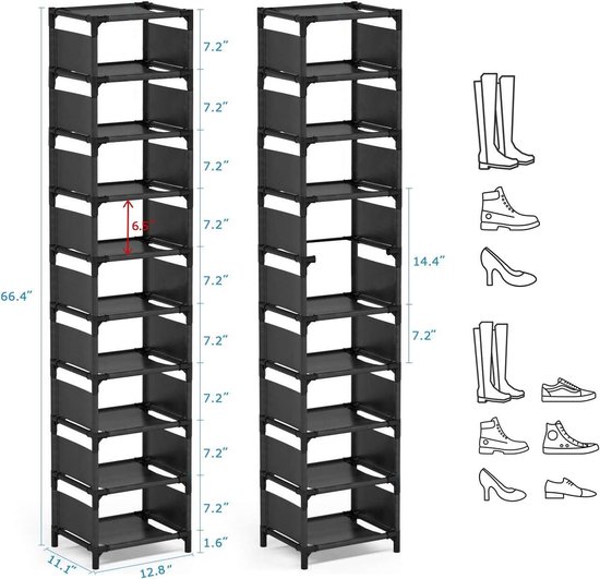 Ruimtebesparend schoenenrek Slim zwart (2 deuren 6 paar, geen montage) frame van robuust metaal (geen kunststof, stof of hout), voor binnen en buiten, schoenen/laarzen