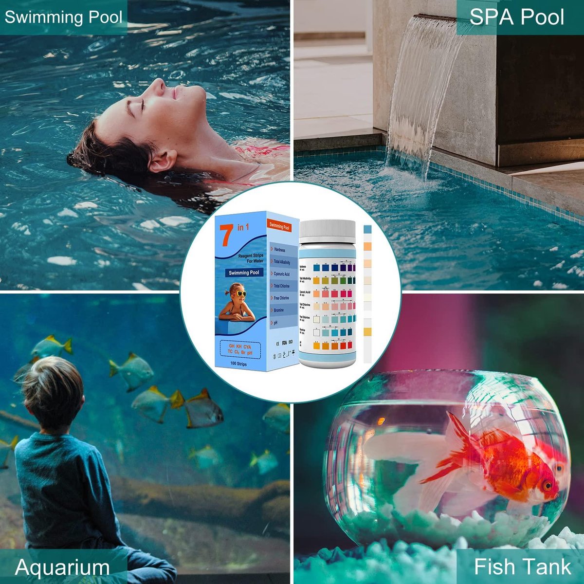 7-in-1 Zwembad Teststrips - 100 Stuks - Voor Chloor, Broom, PH, Alkaliteit, Hardheid - Geschikt Voor Zwembad, Spa, Whirlpool - Snel & Nauwkeurig - Eenvoudig Onderhoud